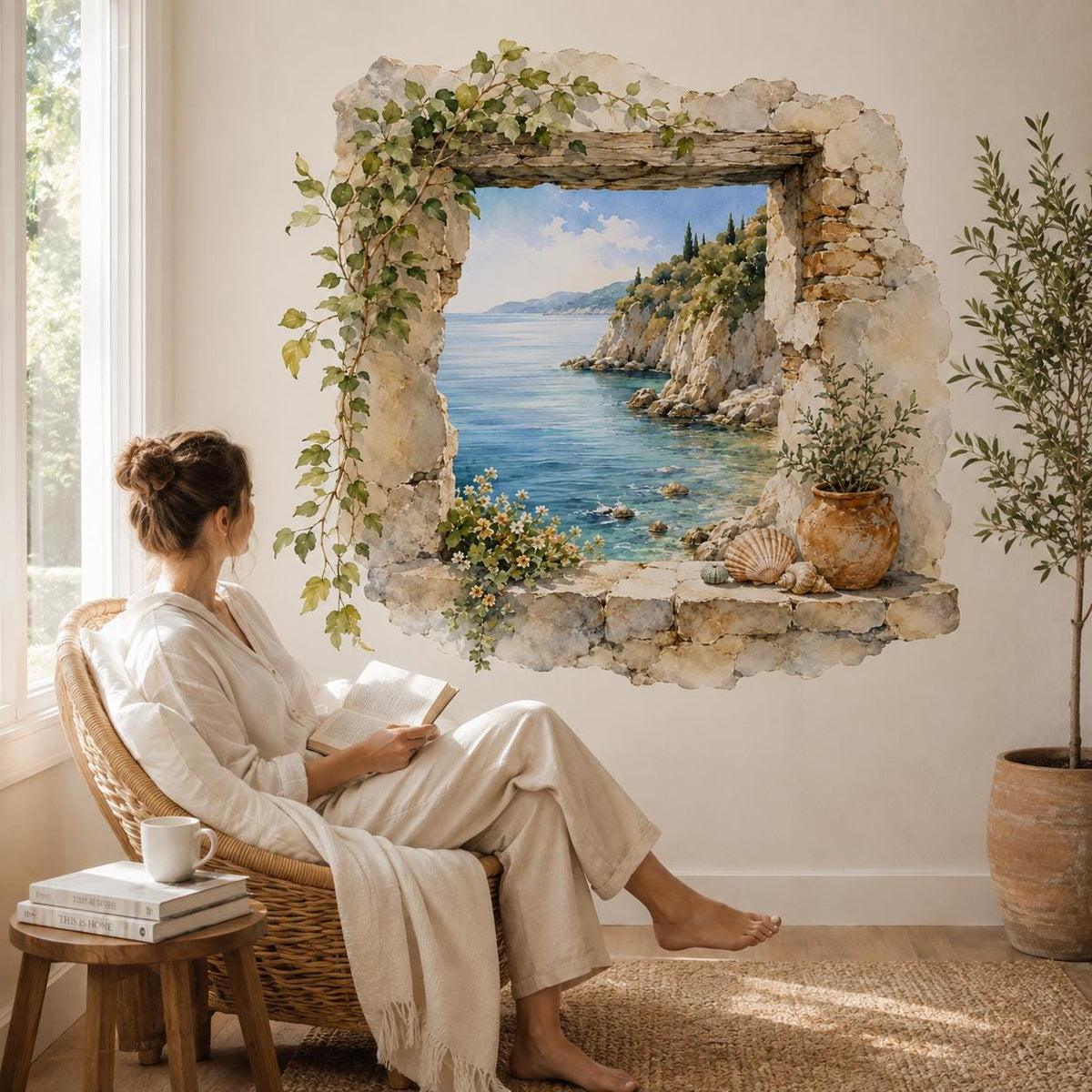 Woman reading in an armchair beside a faux stone window wall decal overlooking a blue sea.