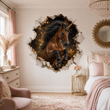 Brown unicorn emerging through a cracked-wall galaxy illusion above pale pink bedroom furniture.