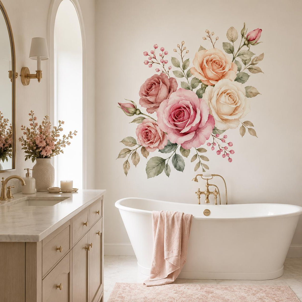 Watercolor bouquet of roses wall decal above a freestanding white bathtub.