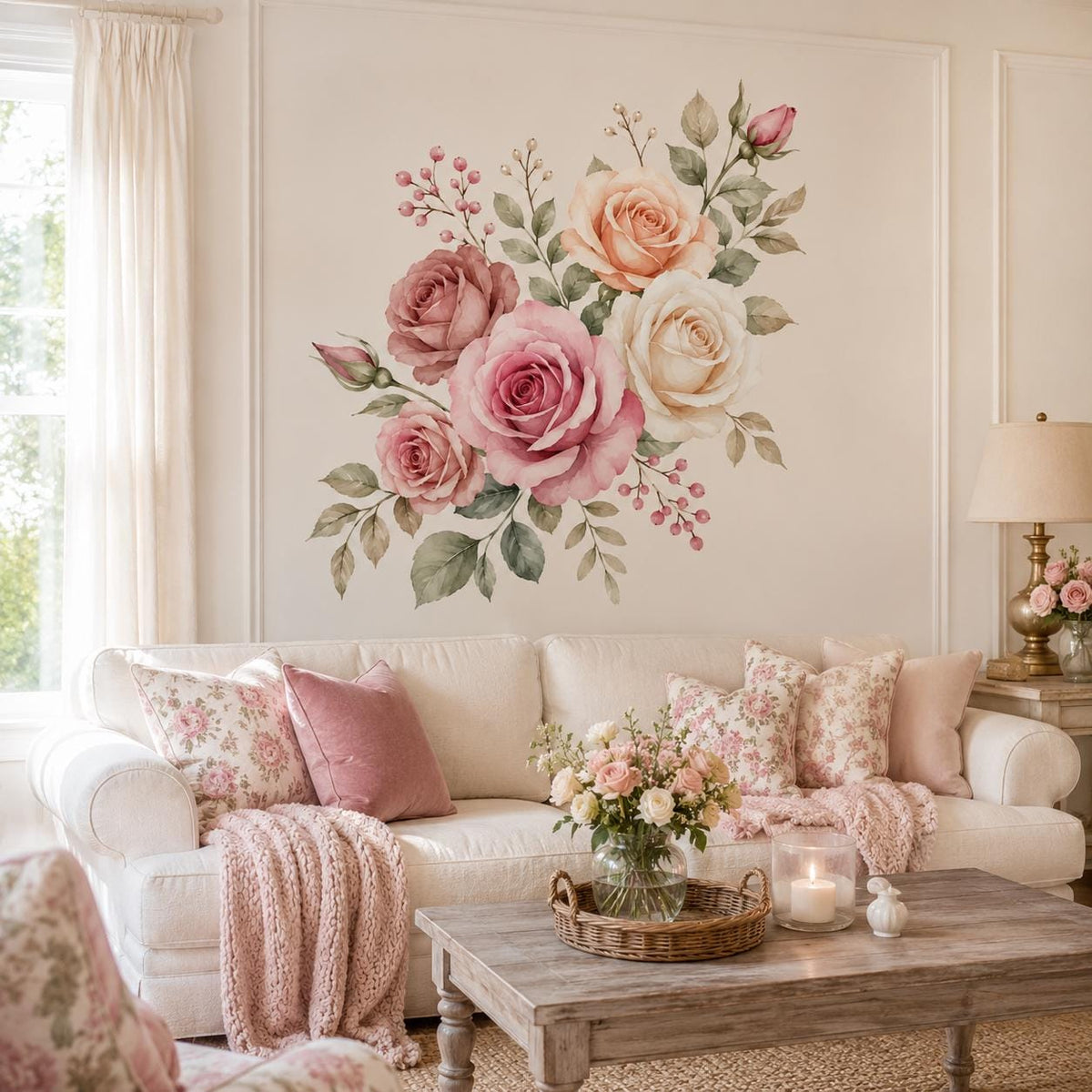 Watercolor pink and peach rose bouquet wall decal above a blush sofa and wood coffee table.
