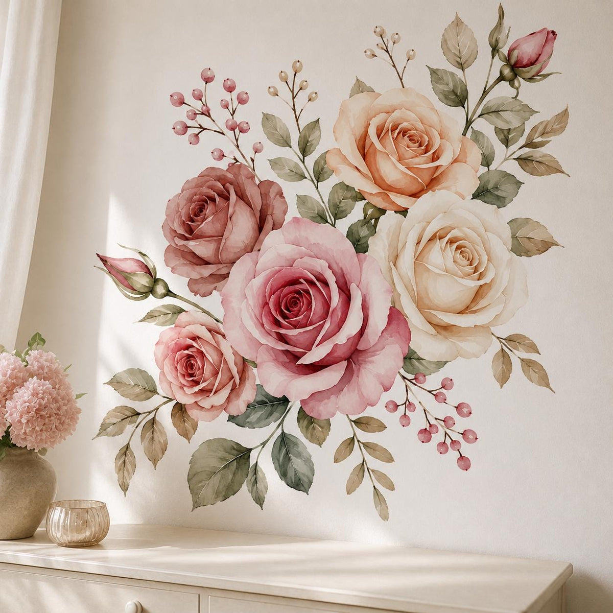 Pink watercolor rose wall decal with five roses, two rosebuds, sage green leaves and delicate berry sprigs.