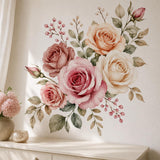 Pink watercolor rose wall decal with five roses, two rosebuds, sage green leaves and delicate berry sprigs.