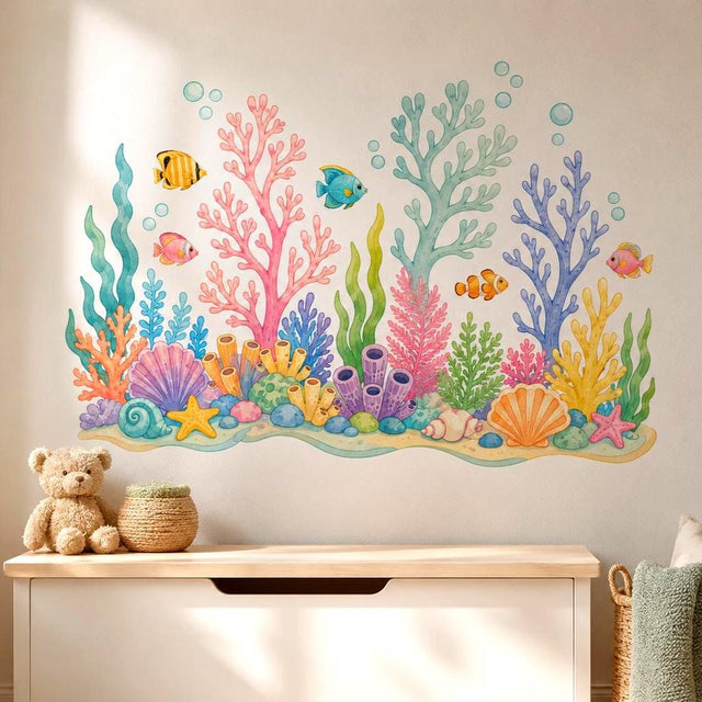 Watercolor coral reef wall decal with tropical fish, bubbles, branching coral, sea plants, seashells and starfish.