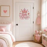 Pink Little Princess crown and wand wall decal displayed on a white bedroom door.