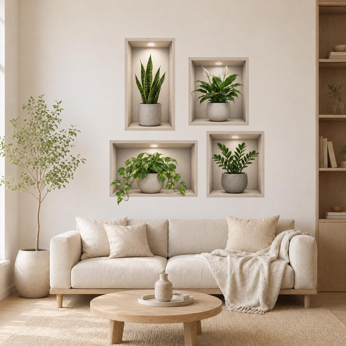 Printed wall niche illusion with four wood framed alcoves and potted green plants