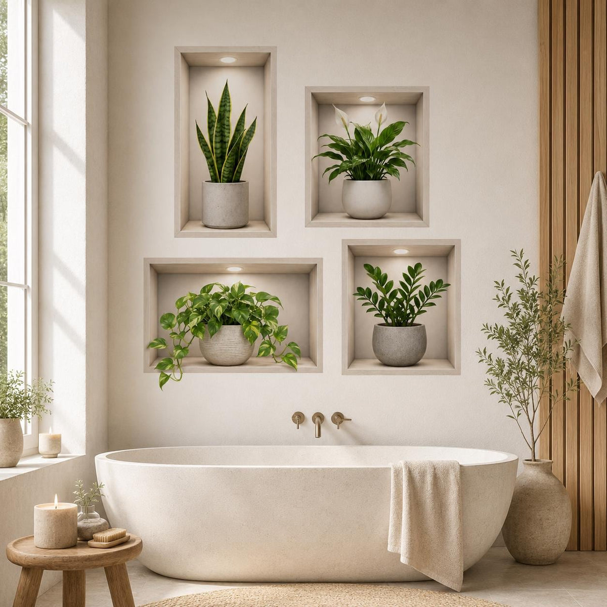 3D effect plant niche wall decal with lit alcoves, wood trim and leafy potted plants