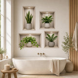 3D effect plant niche wall decal with lit alcoves, wood trim and leafy potted plants