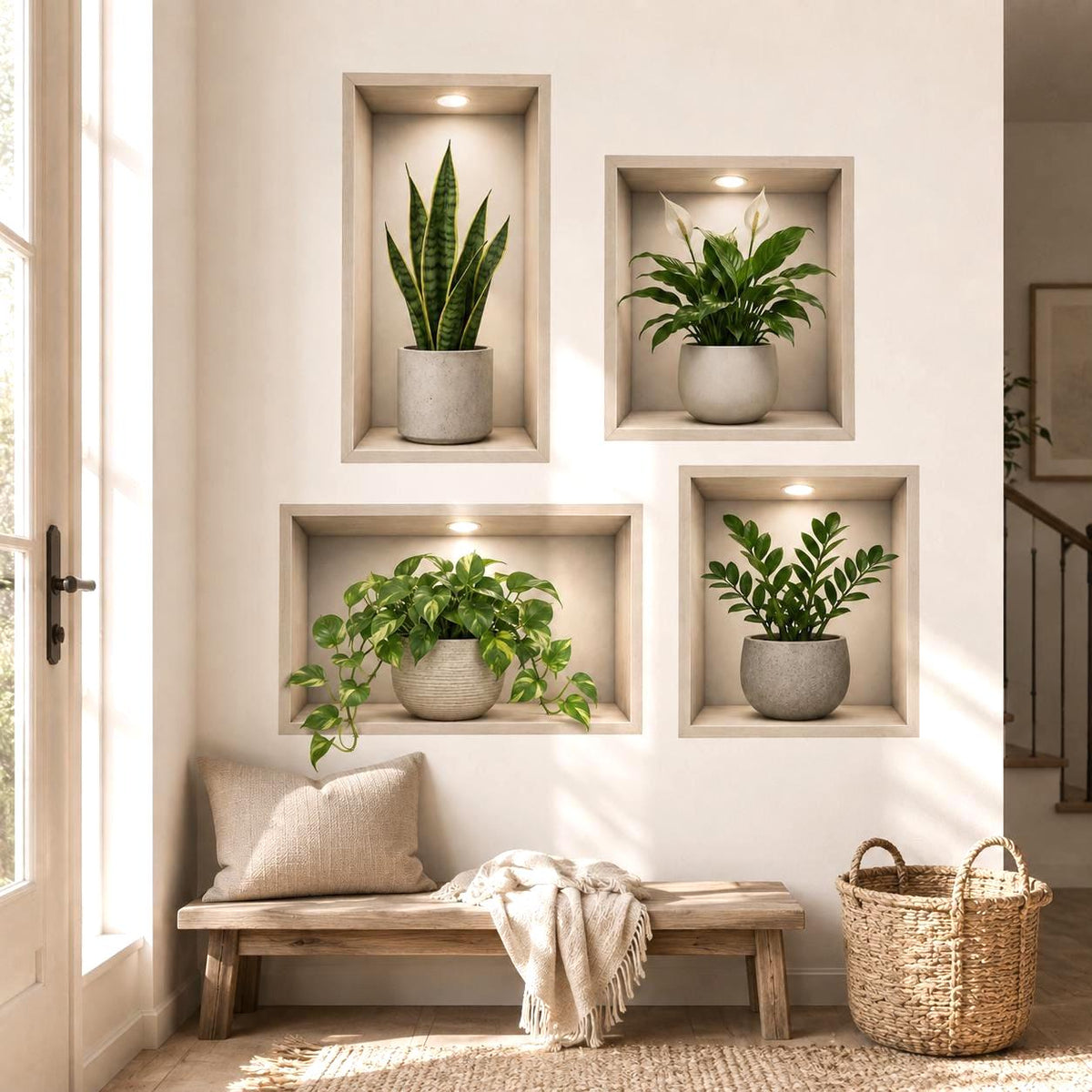3D wall niche decal showing four wooden framed plant alcoves with spotlights, snake plant, peace lily, pothos and ZZ plant.