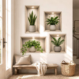 3D wall niche decal showing four wooden framed plant alcoves with spotlights, snake plant, peace lily, pothos and ZZ plant.
