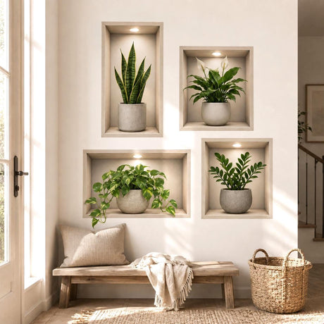 3D wall niche decal showing four wooden framed plant alcoves with spotlights, snake plant, peace lily, pothos and ZZ plant.