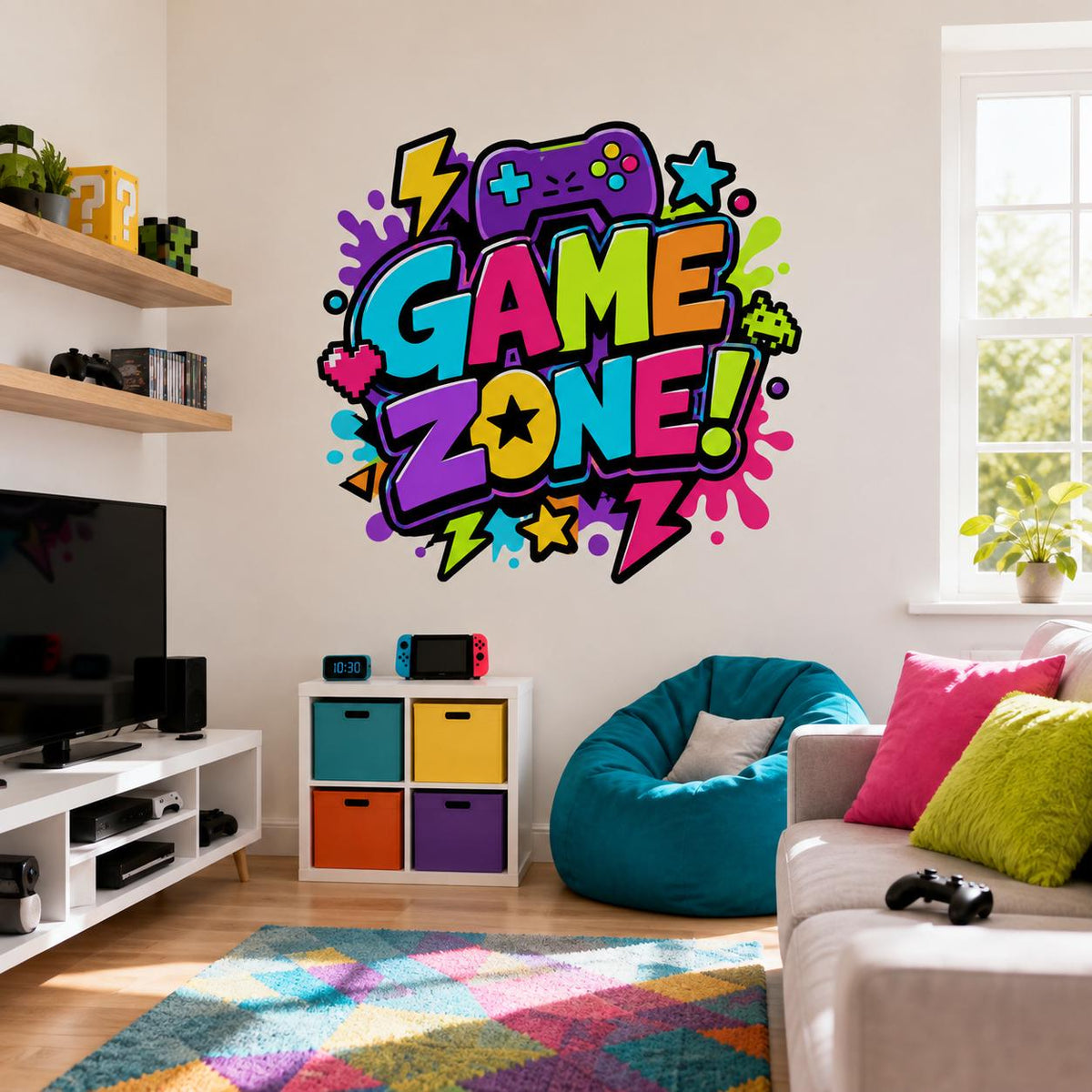Game Zone wall decal above colorful storage drawers and a teal beanbag in a sunny family room.