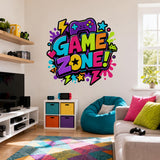 Game Zone wall decal above colorful storage drawers and a teal beanbag in a sunny family room.