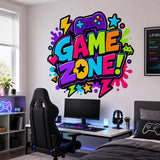 Colorful Game Zone gaming wall decal above a computer desk with a monitor and black gaming chair.