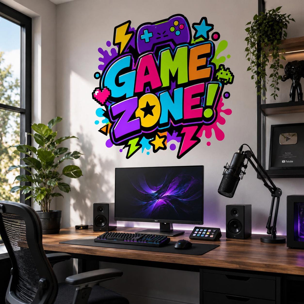Bright Game Zone wall sticker above a gaming desk with a microphone, monitor and potted plants.