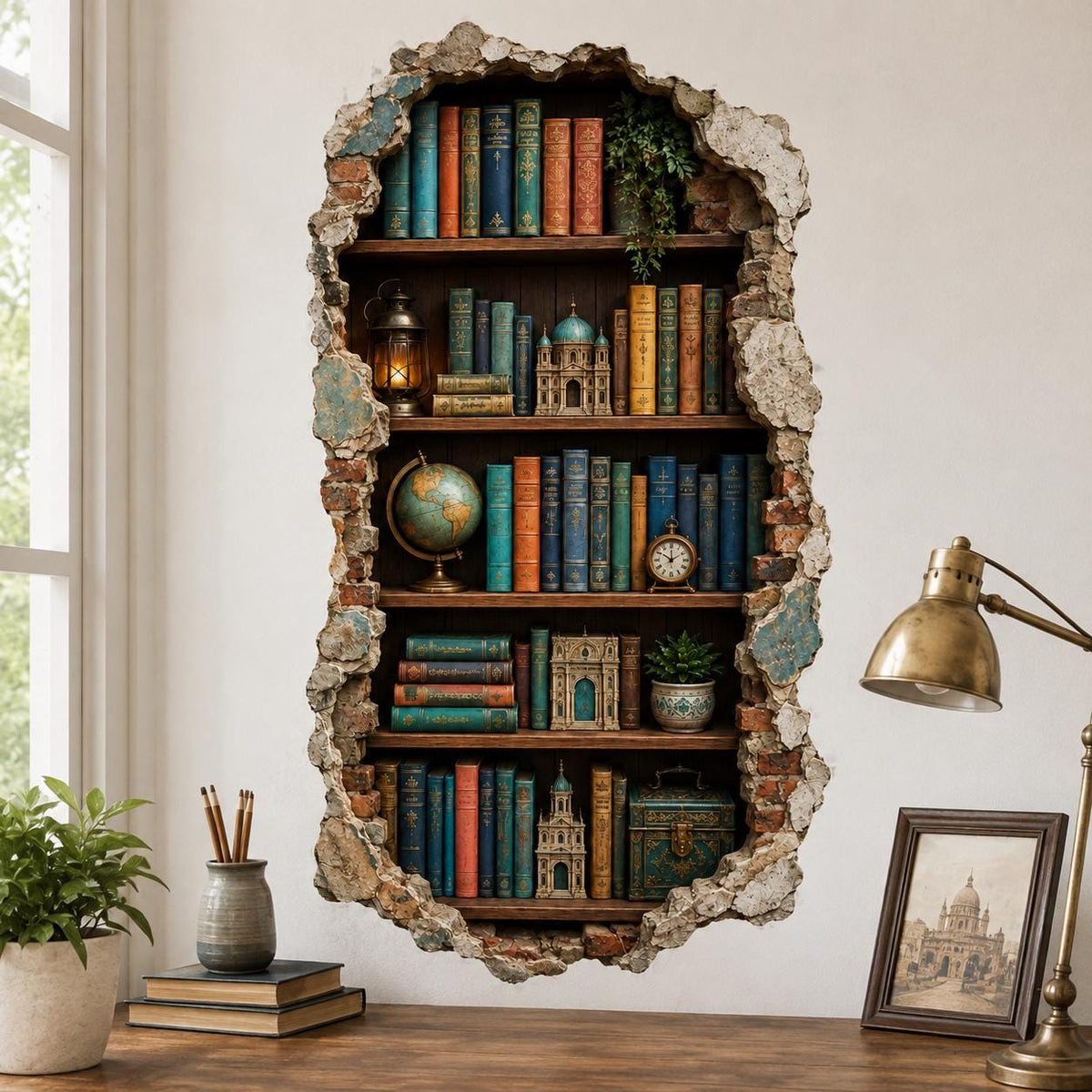 Faux brick-framed vintage bookshelf wall decal with colorful books and globes above a small desk.