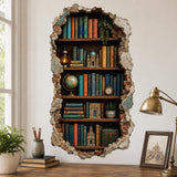 Faux brick-framed vintage bookshelf wall decal with colorful books and globes above a small desk.