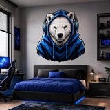 Polar bear wearing blue headphones and hoodie wall decal above a dark bed with blue bedding.