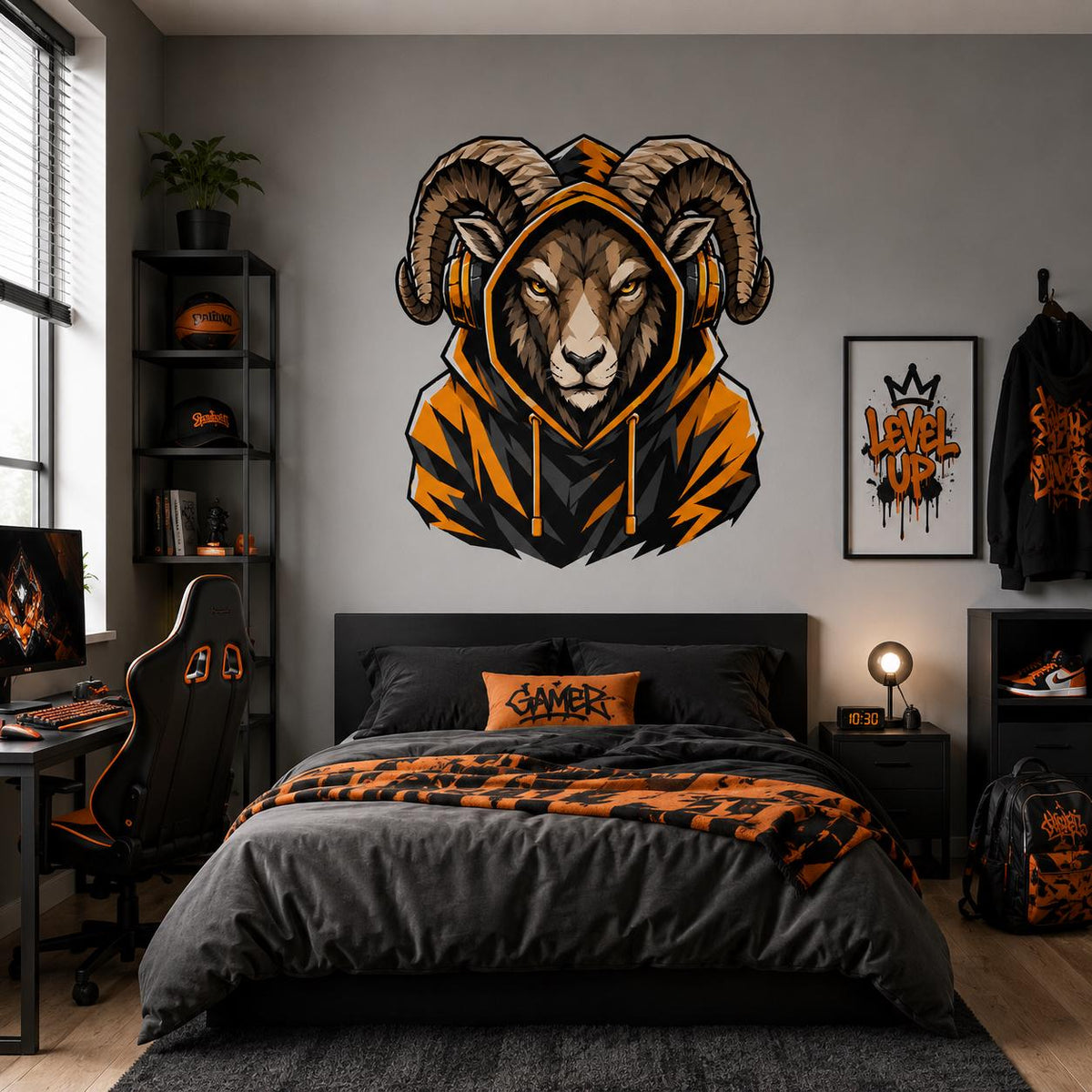 Orange-hooded ram gamer wall sticker above a black bed with orange gaming accents.