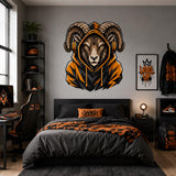 Orange-hooded ram gamer wall sticker above a black bed with orange gaming accents.