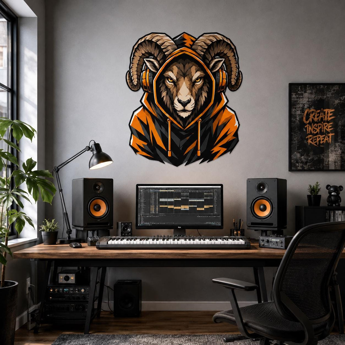 Ram in orange hoodie and headphones wall decal above a computer desk and studio speakers.