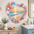 Heart-shaped beach wall decal with a pastel sunset, ocean waves, lighthouse, seagulls, seashells, starfish and coral.