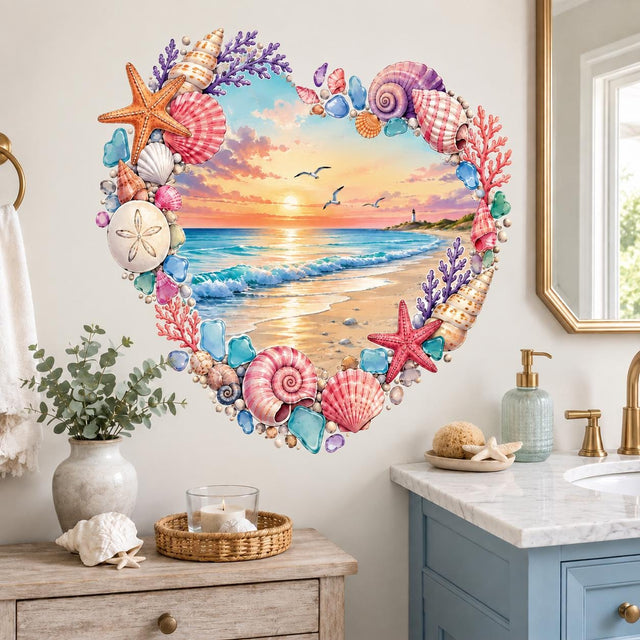 Heart-shaped beach wall decal with a pastel sunset, ocean waves, lighthouse, seagulls, seashells, starfish and coral.