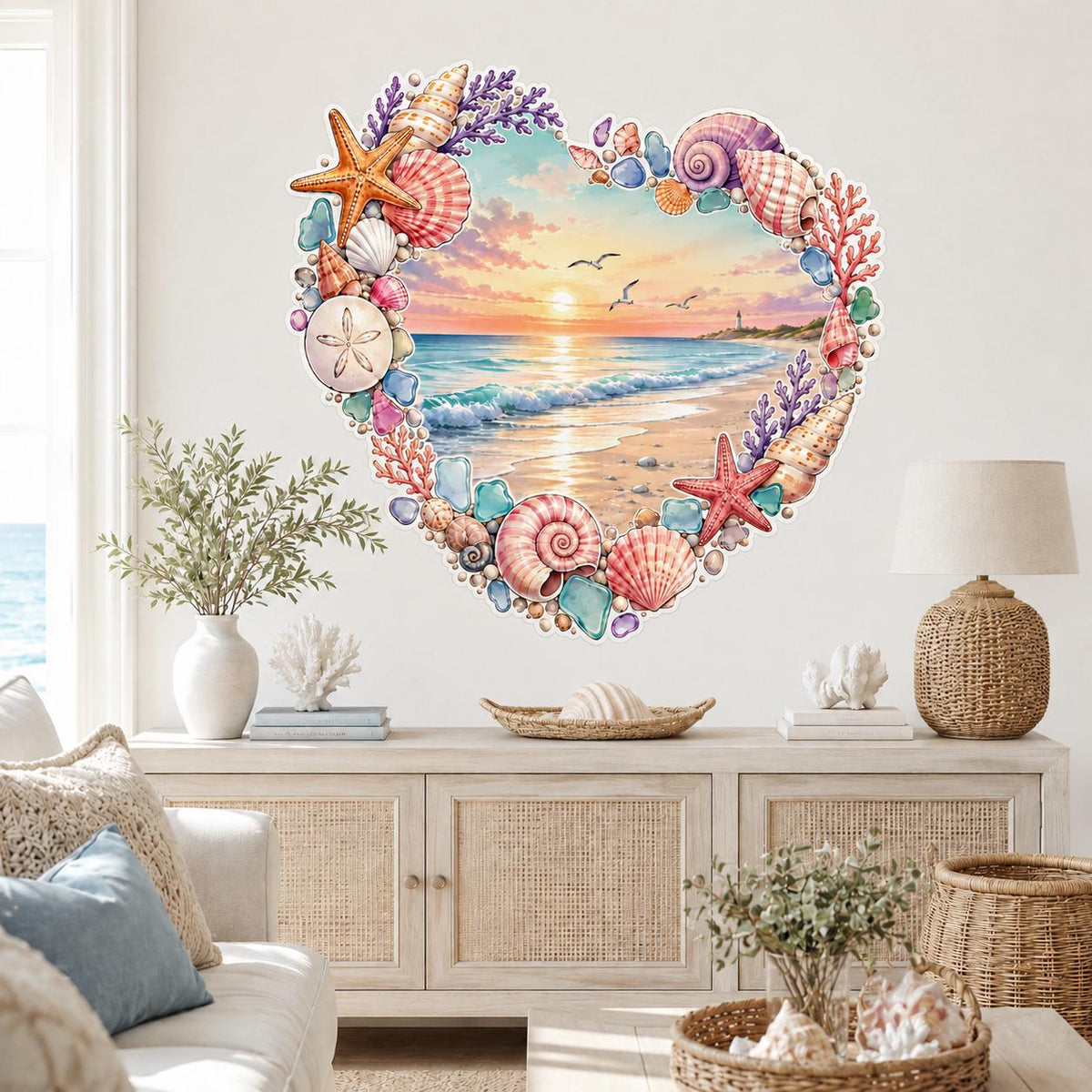 Heart-shaped beach sunset framed by seashells and starfish wall decal above a white coastal sideboard.