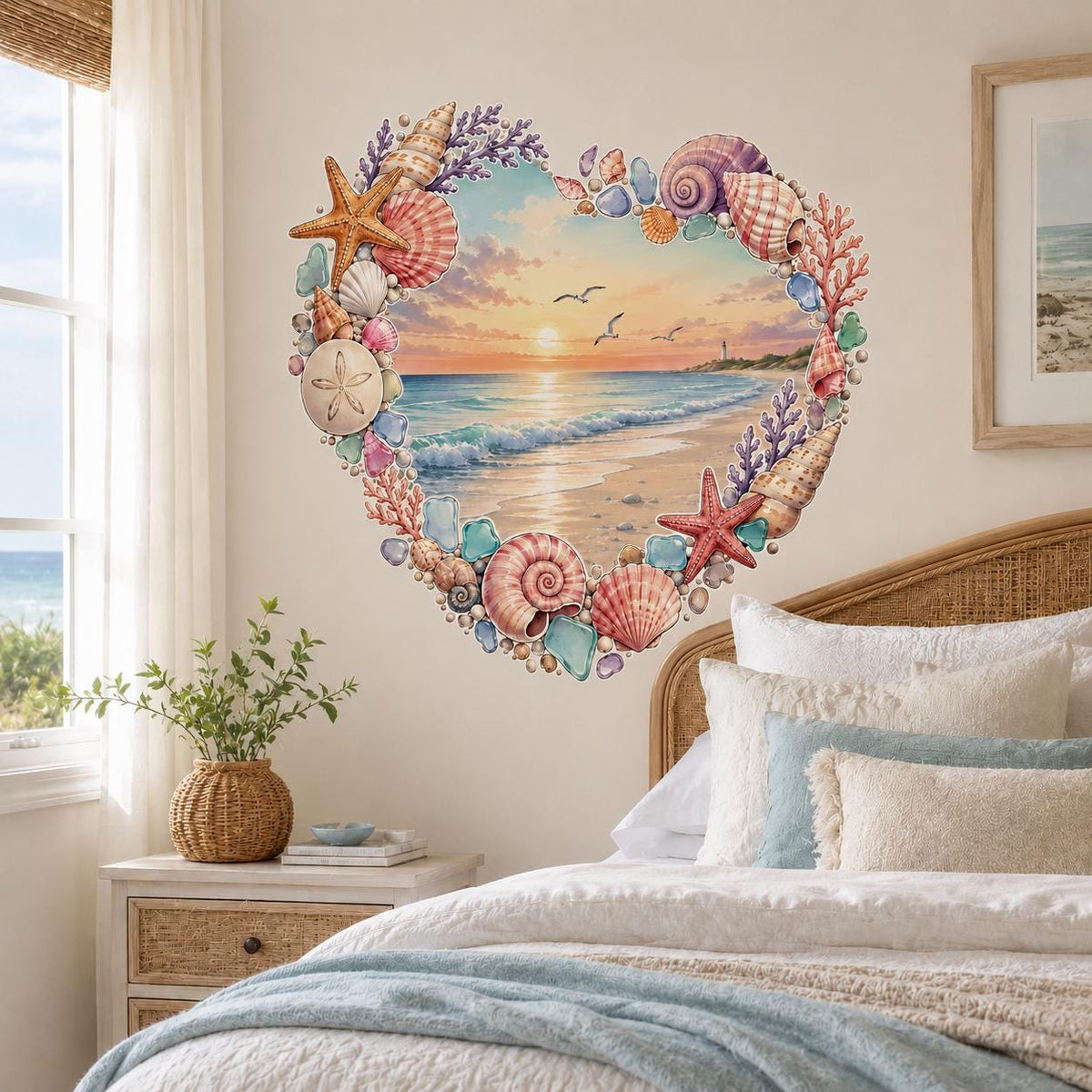 Heart beach sunset wall decal beside a bed with light blue bedding in a coastal bedroom.
