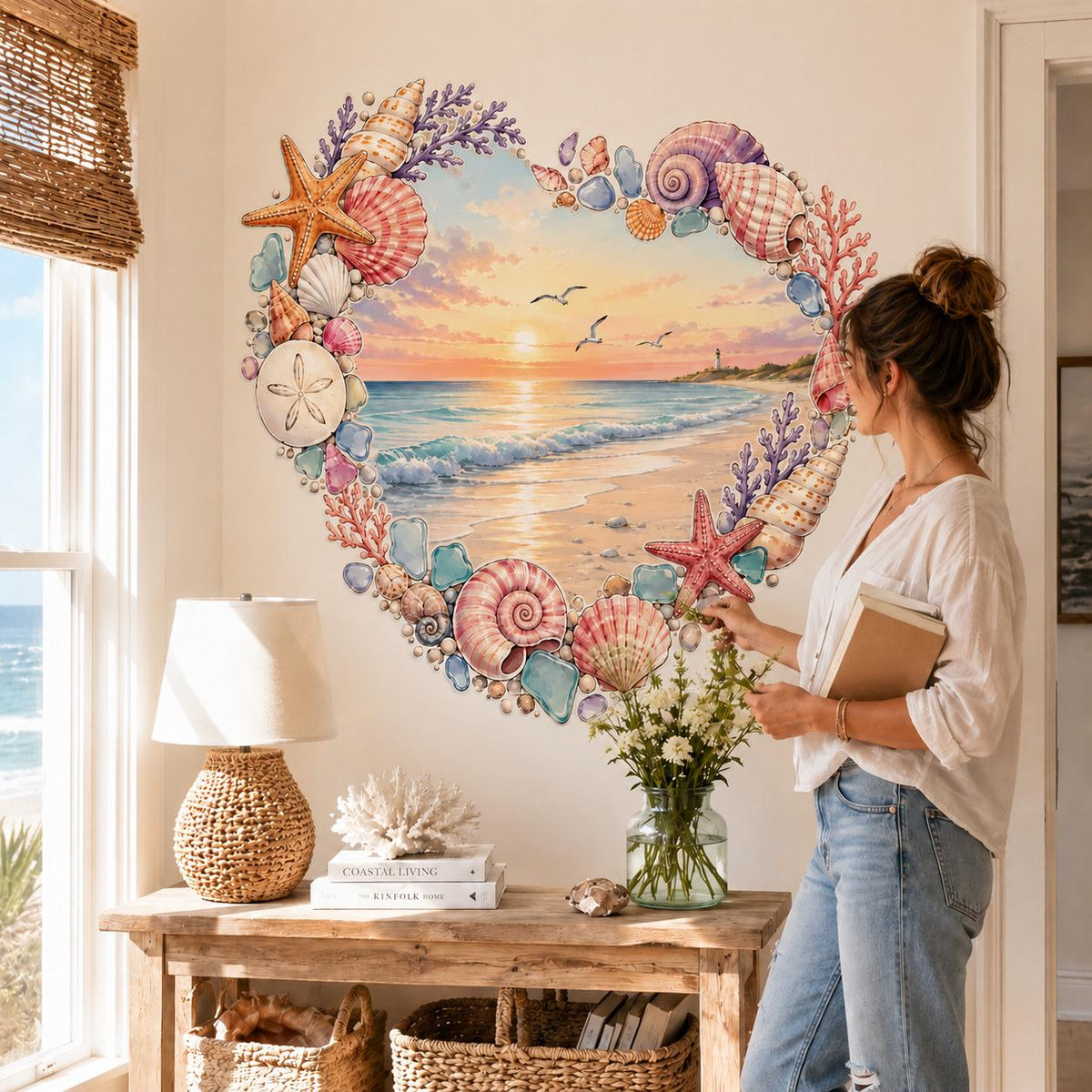 Woman holding flowers beside a beach sunset heart wall sticker above a rustic console.