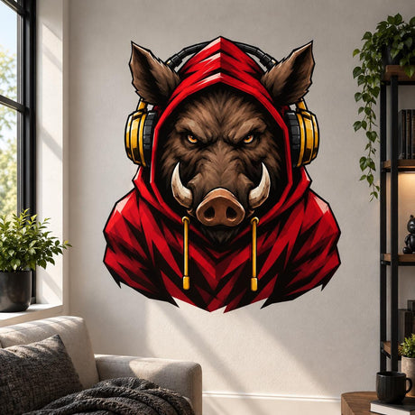 Illustrated wild boar gamer wall decal with curved tusks, a red hoodie and black and gold headphones.