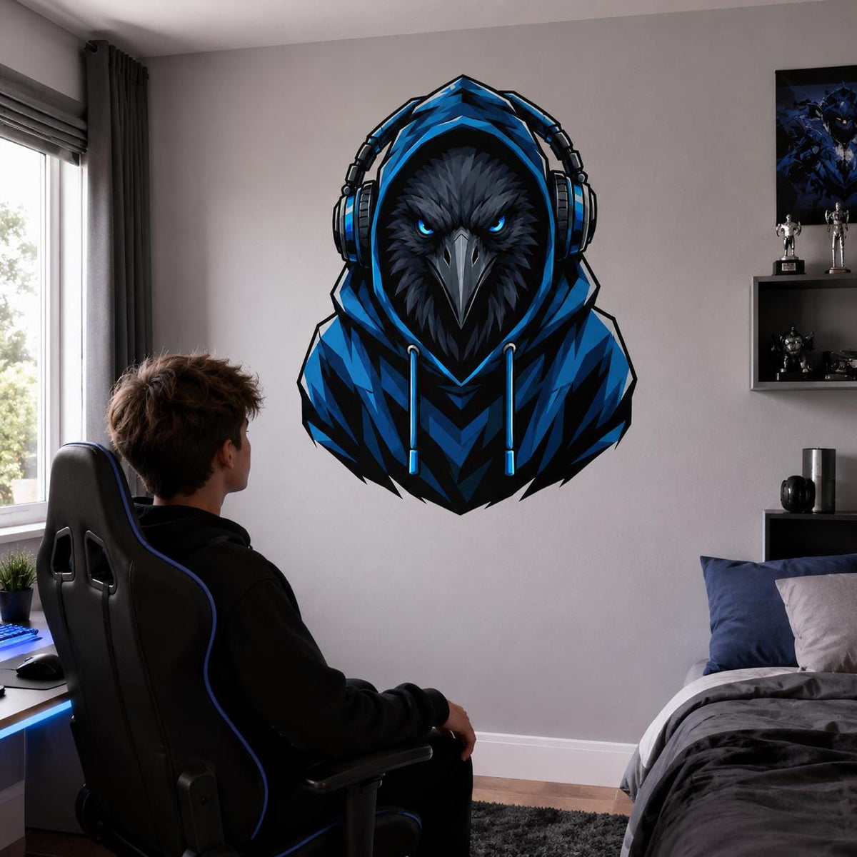 Person seated at a gaming desk below a raven with headphones wall decal.