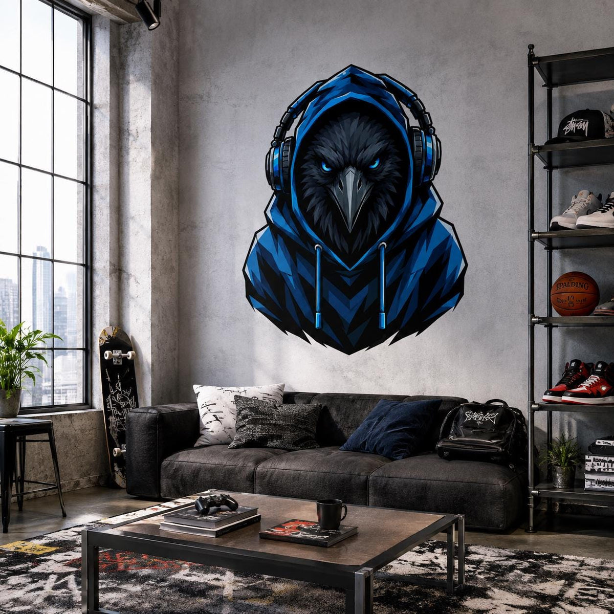 Raven in cobalt-blue hoodie wall sticker above a gray sofa in an industrial loft.