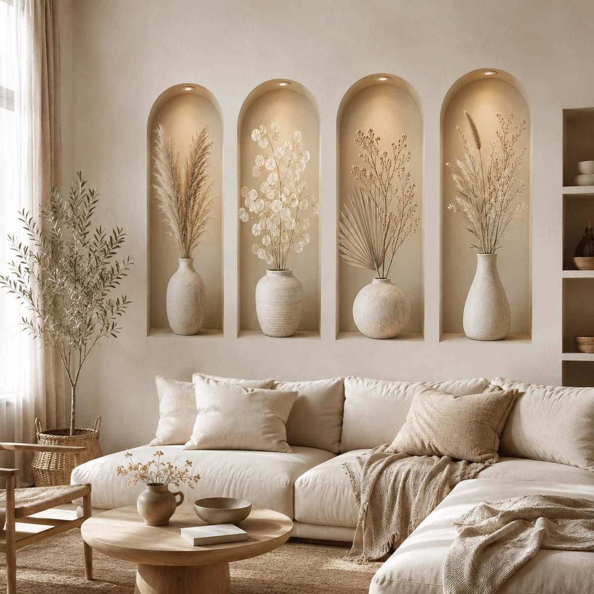 3D printed-look vase niche wall decal above a cream sofa with a round wooden coffee table.
