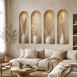 3D printed-look vase niche wall decal above a cream sofa with a round wooden coffee table.