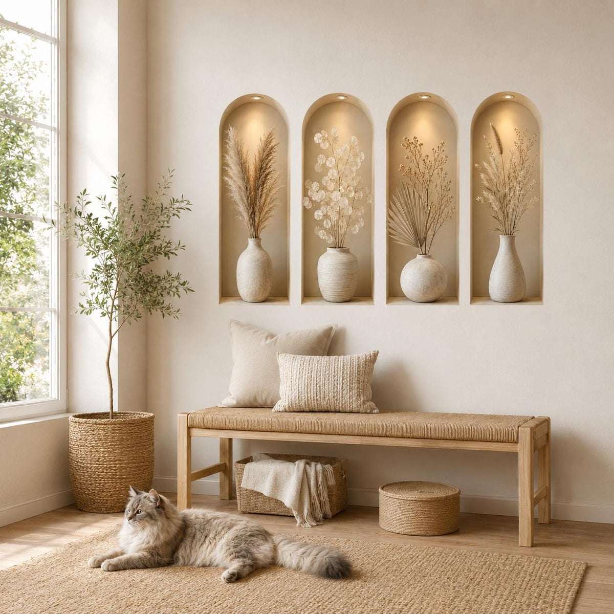 Arched vase niche illusion wall sticker above a wooden bench with a sleeping cat below.