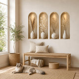 Arched vase niche illusion wall sticker above a wooden bench with a sleeping cat below.
