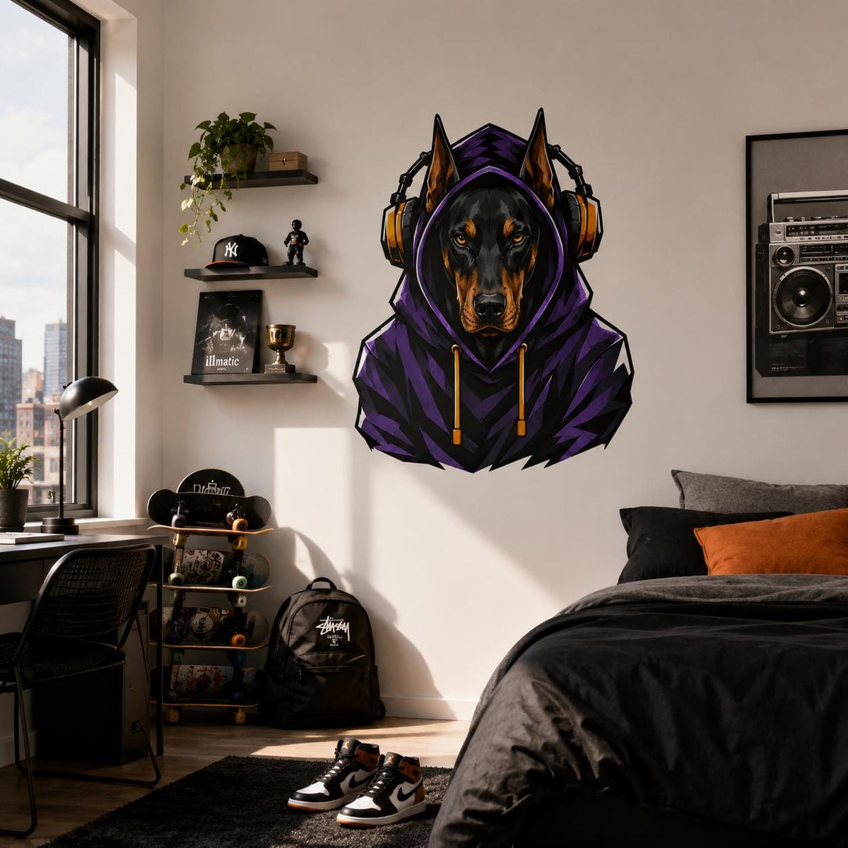 Purple hoodie Doberman wall sticker above a dark bed and shelves with gaming decor.