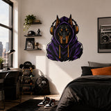 Purple hoodie Doberman wall sticker above a dark bed and shelves with gaming decor.