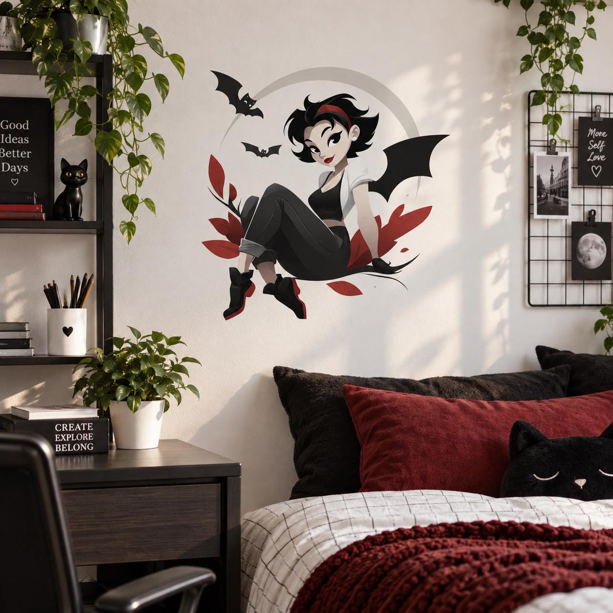 Gothic girl with bats wall sticker above a bed next to a wood nightstand and framed artwork.