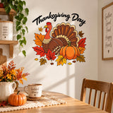 Thanksgiving Day turkey wall sticker above a wooden dining table with white mug and orange flowers.
