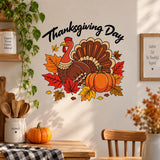 Thanksgiving Day turkey and pumpkin wall decal above a dining table with a checked cloth.