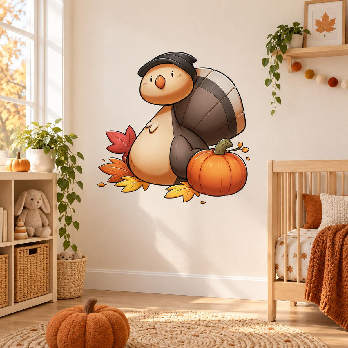 Thanksgiving turtle wall decal with orange pumpkins beside a wooden child's crib.