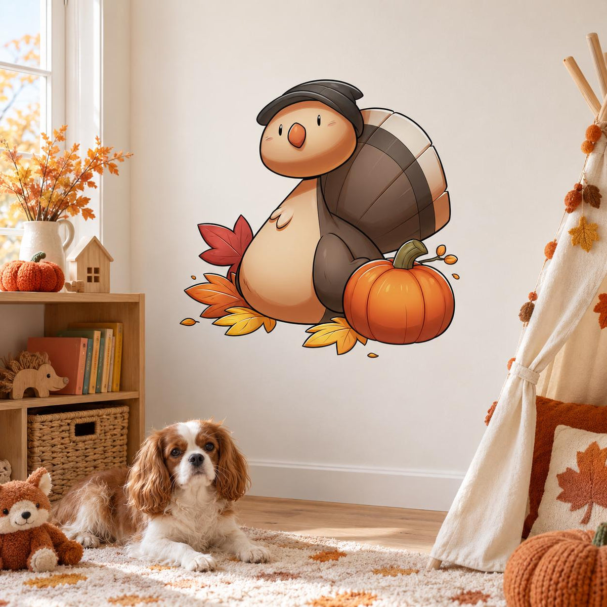 Thanksgiving turtle, orange pumpkin and fall leaves wall sticker above a rug with a small dog.