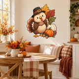 Cute Thanksgiving turkey with pumpkin wall decal above a dining nook decorated with plaid pillows.