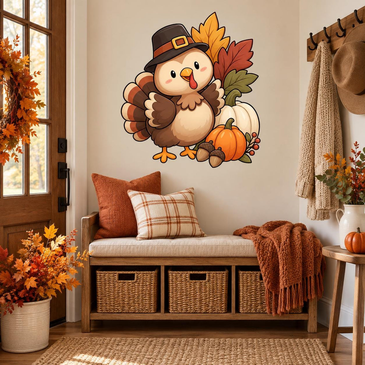 Thanksgiving turkey wall sticker above an entry bench with autumn flowers and orange cushions.
