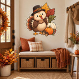 Thanksgiving turkey wall sticker above an entry bench with autumn flowers and orange cushions.