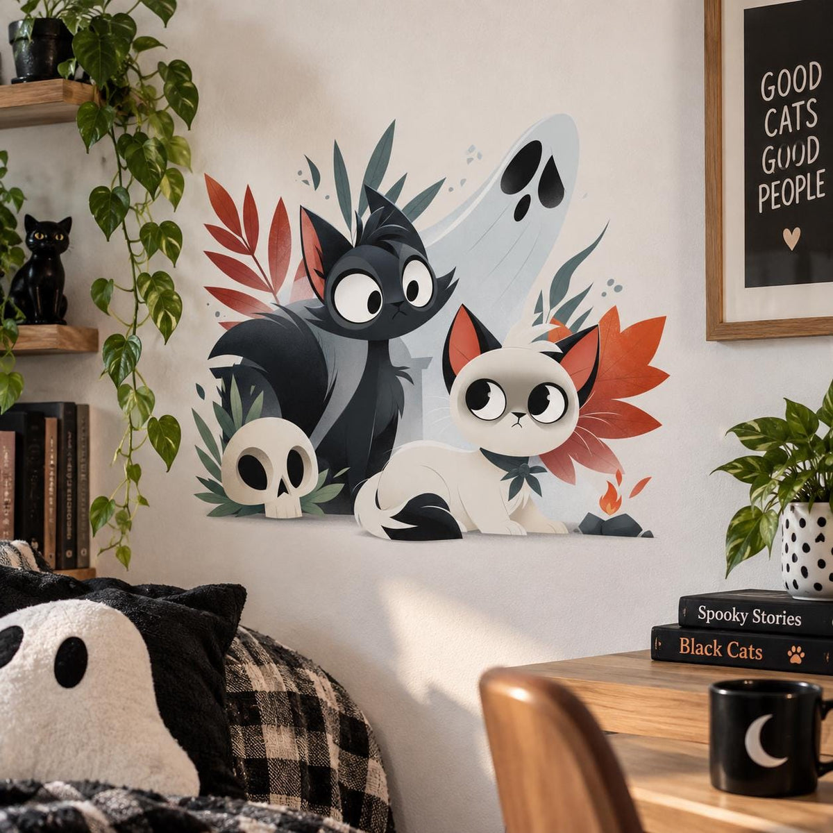 Black and cream cartoon cats with ghost wall decal above a writing desk with Halloween books.