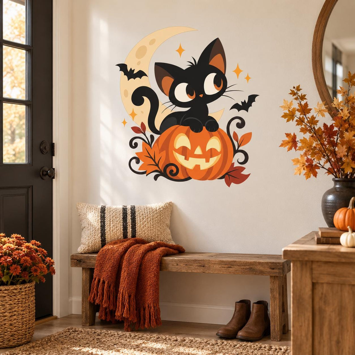 Black cat on a smiling pumpkin wall decal with a crescent moon above a wooden entry bench.