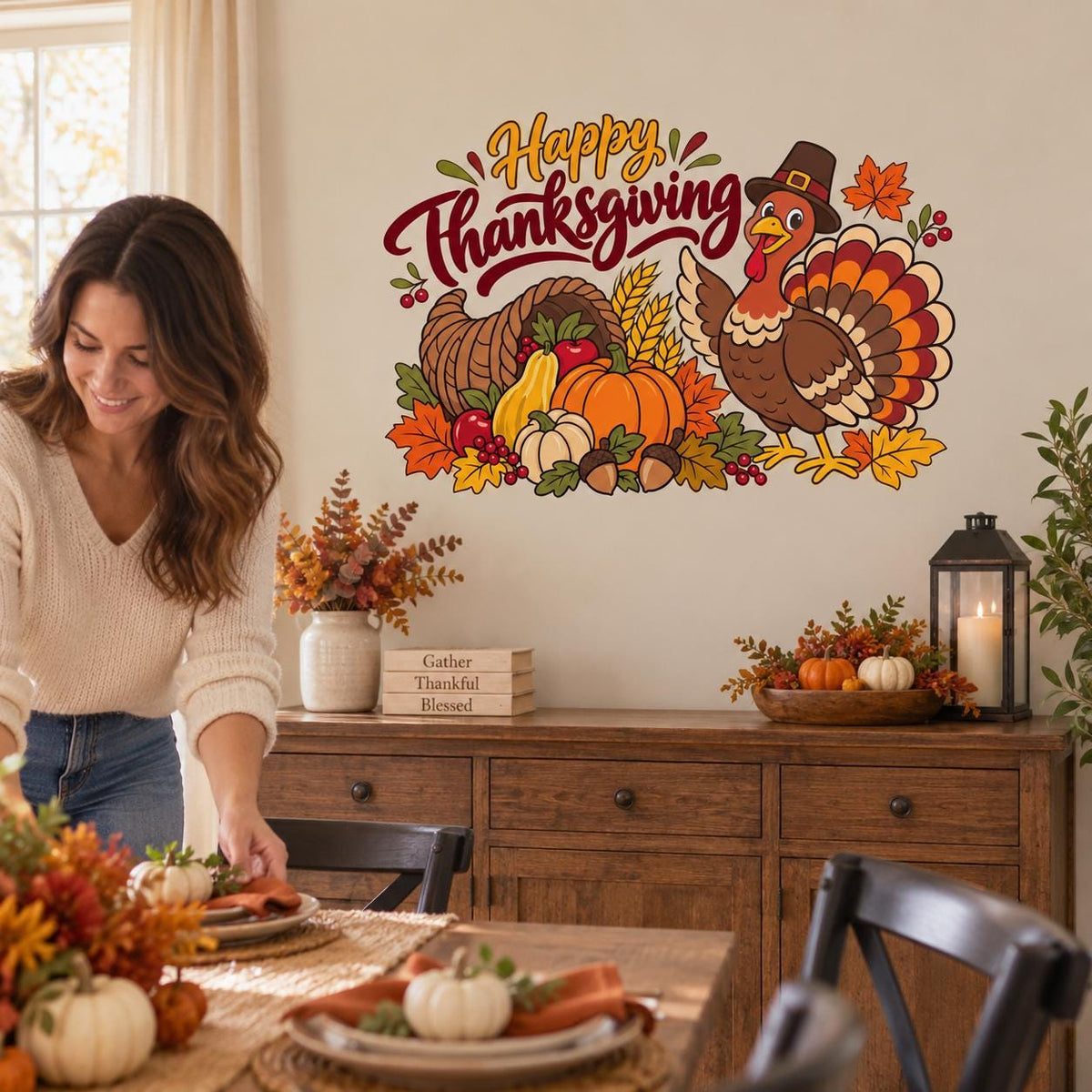 Woman setting a Thanksgiving dinner table beneath a colorful turkey and pumpkin wall decal.