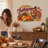 Woman setting a Thanksgiving dinner table beneath a colorful turkey and pumpkin wall decal.